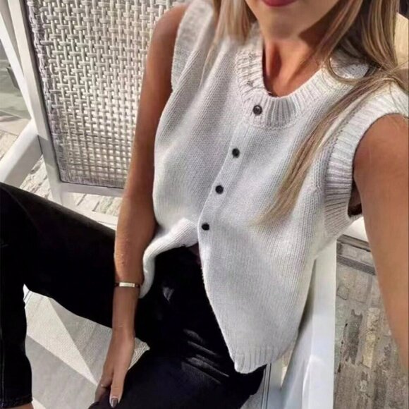 Sweaters - Light Grey Casual Women's Solid Color Button Up Sweater Vest